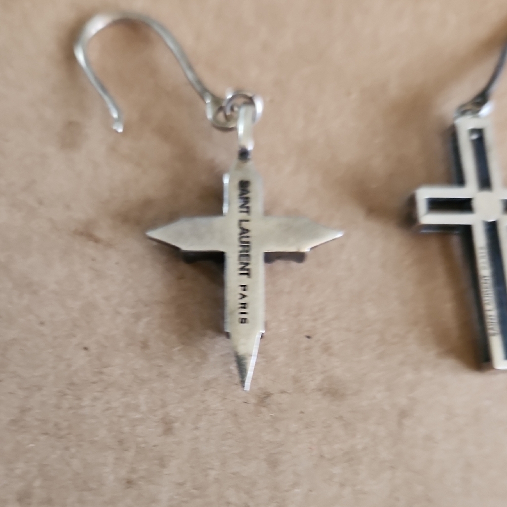 Yves Saint Laurent Asymetrical Oxidized Silver Tone Cross Drop Earrings - Picture 4 of 9